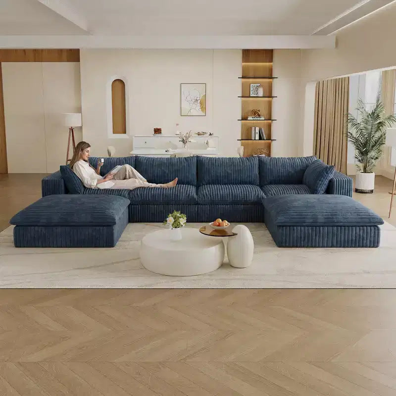 Divano Cloud componibile fai-da-te in tessuto di velluto a coste bianco da 157,6", divani a seduta profonda con 2 pouf, design a doppio strato, cuscino rimovibile, senza montaggio