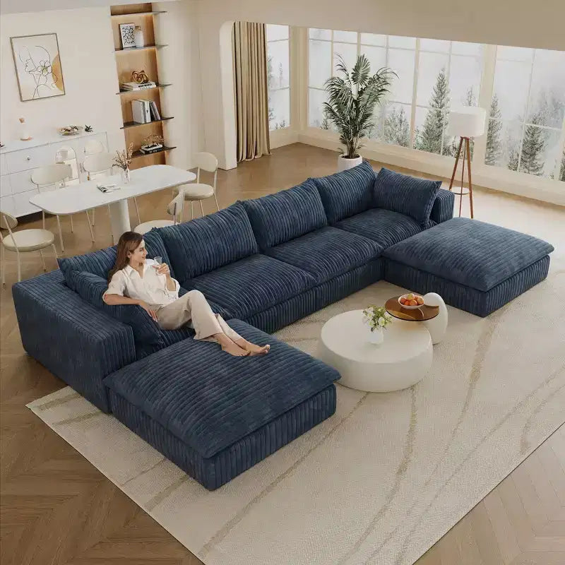 Divano Cloud componibile fai-da-te in tessuto di velluto a coste bianco da 157,6", divani a seduta profonda con 2 pouf, design a doppio strato, cuscino rimovibile, senza montaggio