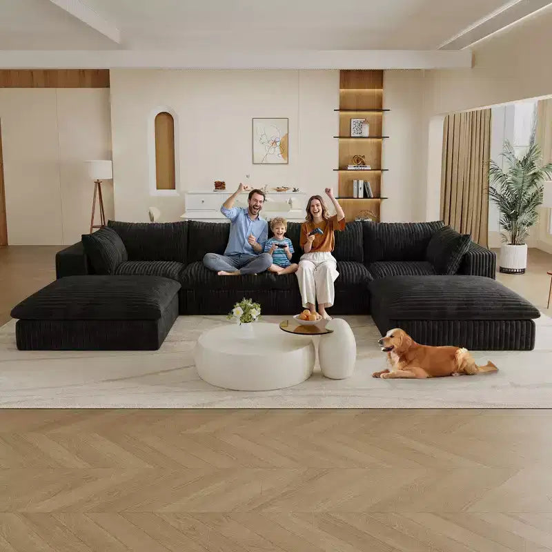 Divano Cloud componibile fai-da-te in tessuto di velluto a coste bianco da 157,6", divani a seduta profonda con 2 pouf, design a doppio strato, cuscino rimovibile, senza montaggio