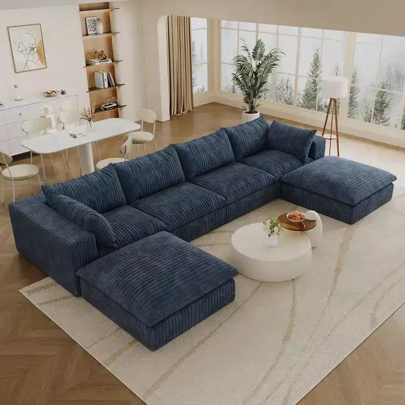 Divano componibile cloud bianco in tessuto a coste da 157.6, sedute profonde, con 2 pouf, design a doppio strato, cuscini rimovibili, senza montaggio