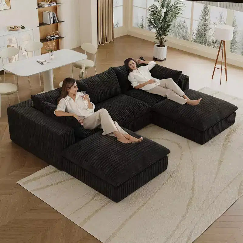 118.2 Divano Componibile a Nuvola in Tessuto di Velluto a Coste Blu Fai-da-te Divani con Seduta Profonda con 2 Pouf Design a Doppio Strato Cuscino Rimovibile Nessun Assemblaggio