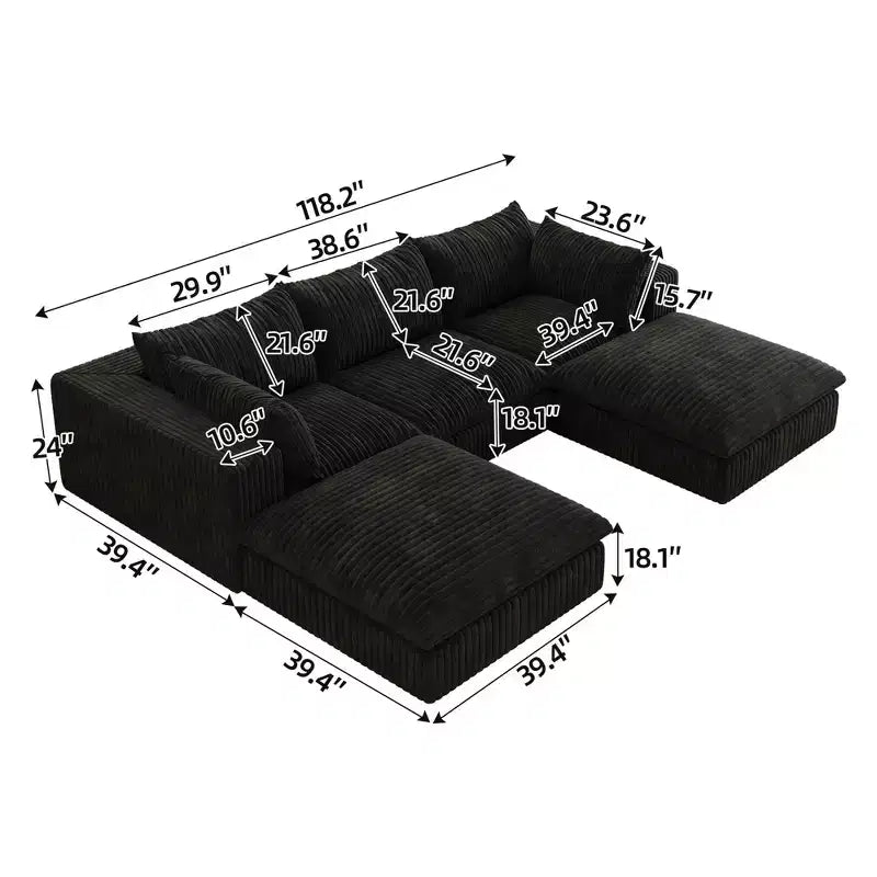 118.2 Divano Componibile a Nuvola in Tessuto di Velluto a Coste Blu Fai-da-te Divani con Seduta Profonda con 2 Pouf Design a Doppio Strato Cuscino Rimovibile Nessun Assemblaggio
