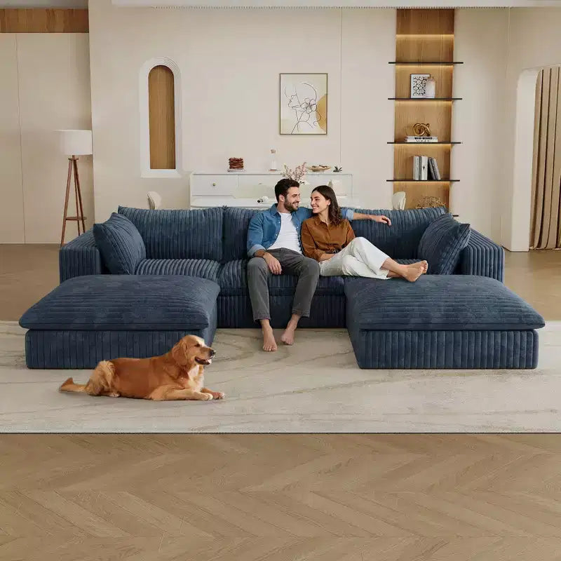 118.2 Divano Componibile a Nuvola in Tessuto di Velluto a Coste Blu Fai-da-te Divani con Seduta Profonda con 2 Pouf Design a Doppio Strato Cuscino Rimovibile Nessun Assemblaggio