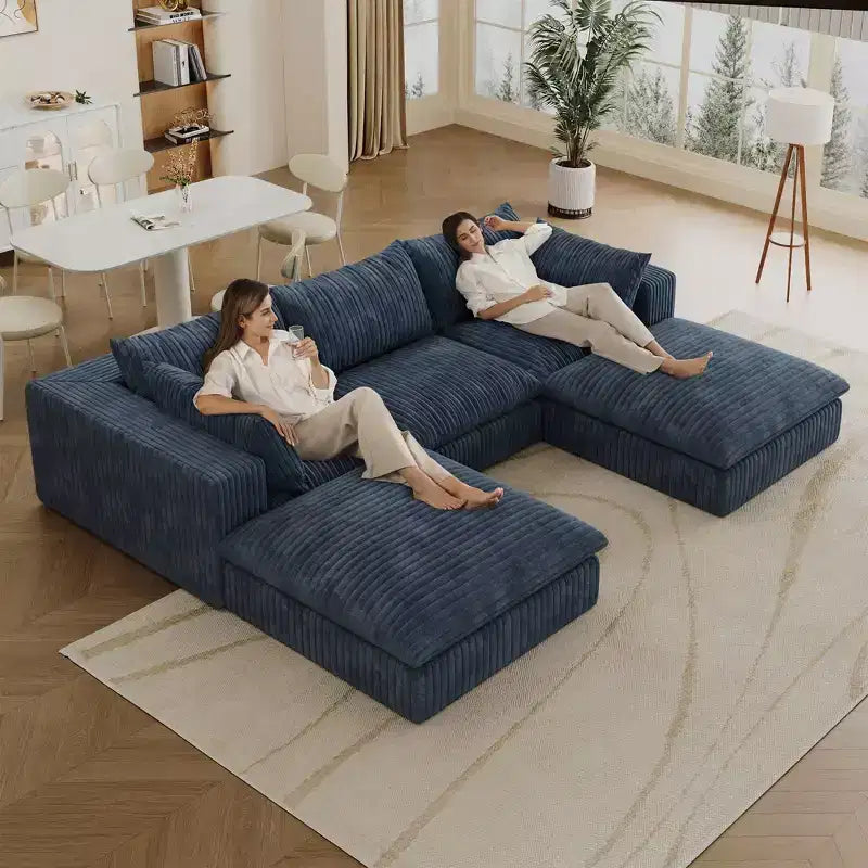 118.2 Divano Componibile a Nuvola in Tessuto di Velluto a Coste Blu Fai-da-te Divani con Seduta Profonda con 2 Pouf Design a Doppio Strato Cuscino Rimovibile Nessun Assemblaggio