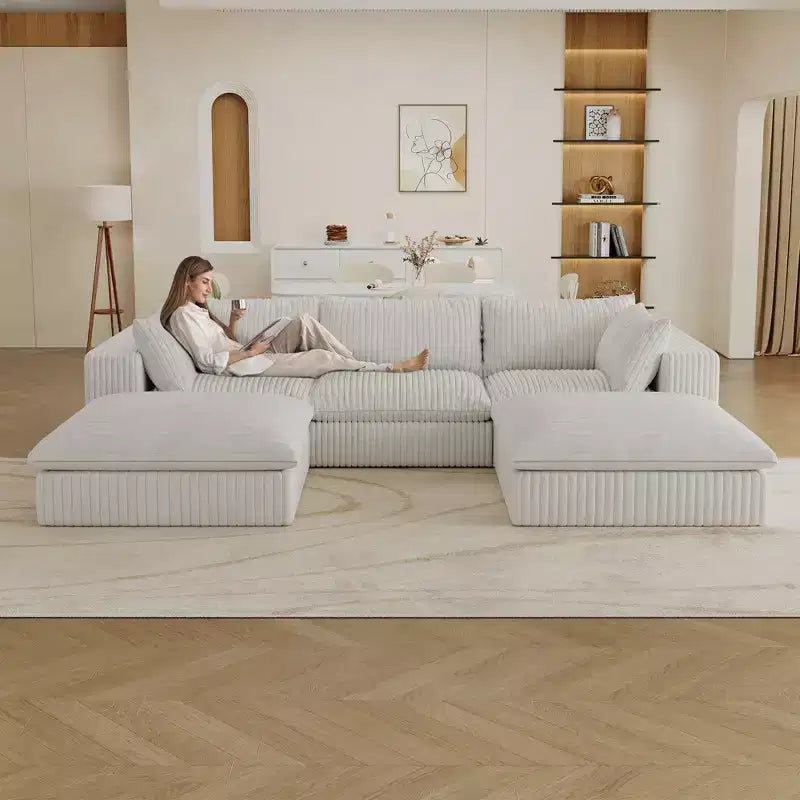 Divano componibile cloud blu in tessuto a coste da 118.2, con seduta profonda, 2 pouf, design a doppio strato, cuscini rimovibili, senza montaggio, fai da te