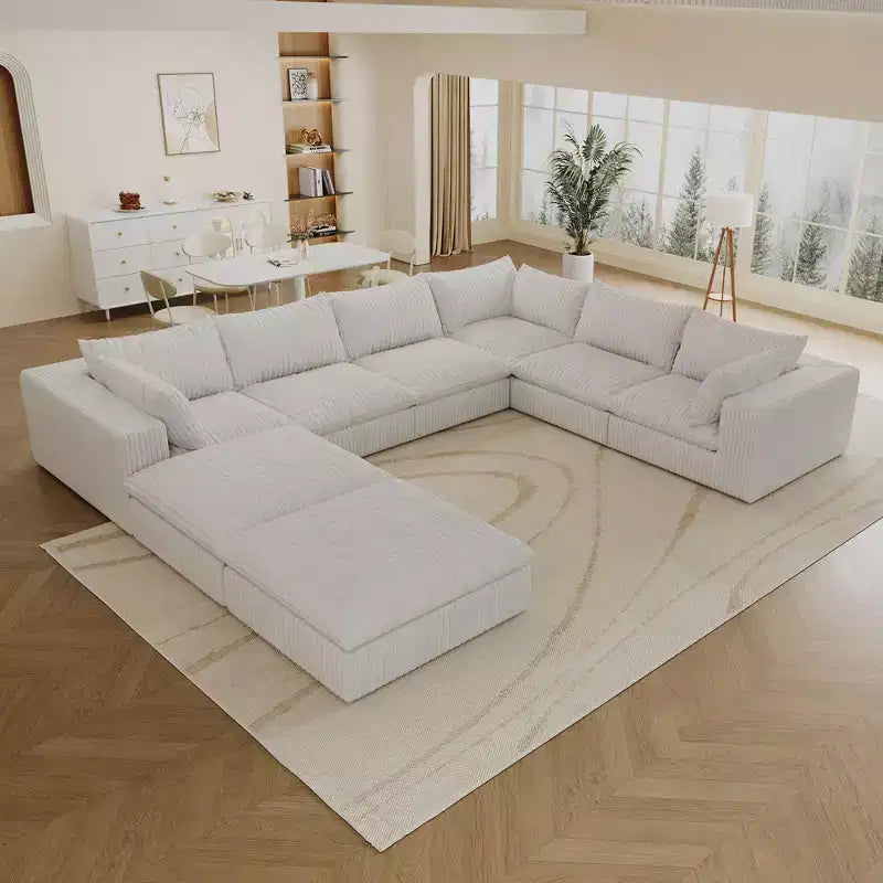 157.6 Tessuto a Coste Bianco Divano a Nuvola a U Combinazione Fai-da-te Divani a Seduta Profonda con 2 Pouf Design a Doppio Strato Cuscino Rimovibile Nessun Assemblaggio