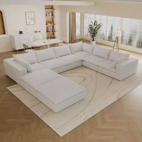 Divano effetto nuvola componibile fai da te a U da 157.6 in, in tessuto bianco a coste, con seduta profonda, 2 pouf, design a doppio strato, cuscini rimovibili, senza assemblaggio