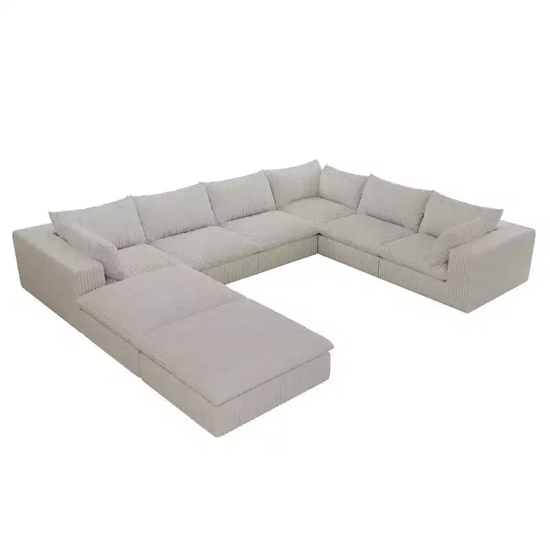 157.6 Tessuto a Coste Bianco Divano a Nuvola a U Combinazione Fai-da-te Divani a Seduta Profonda con 2 Pouf Design a Doppio Strato Cuscino Rimovibile Nessun Assemblaggio