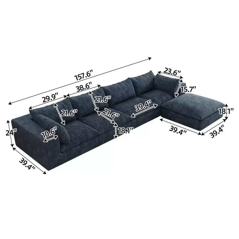 157.6 Divano Blue Cloud in Tessuto a Coste con Sedute Profonde e 1 Pouf, Design a Doppio Strato con Cuscino Rimovibile Combinazione Fai da Te Senza Montaggio