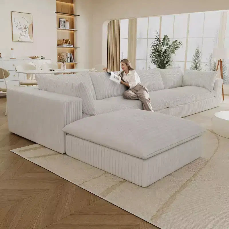 157.6 Divano Blue Cloud in Tessuto a Coste con Sedute Profonde e 1 Pouf, Design a Doppio Strato con Cuscino Rimovibile Combinazione Fai da Te Senza Montaggio