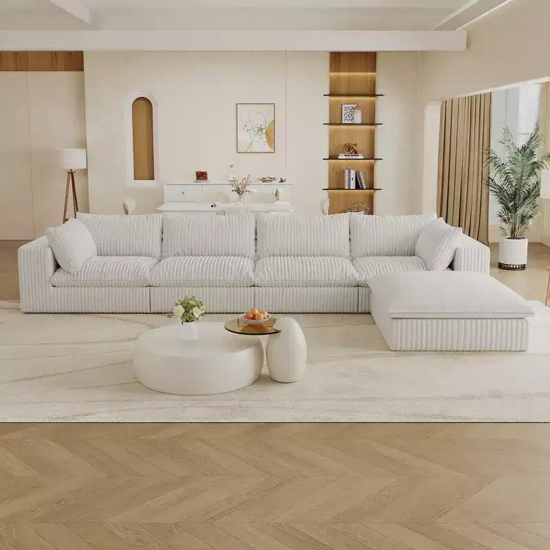 157.6 Divano Blue Cloud in Tessuto a Coste con Sedute Profonde e 1 Pouf, Design a Doppio Strato con Cuscino Rimovibile Combinazione Fai da Te Senza Montaggio