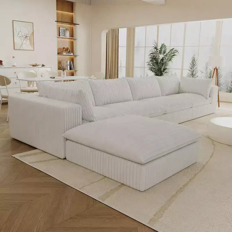 157.6 Divano Blue Cloud in Tessuto a Coste con Sedute Profonde e 1 Pouf, Design a Doppio Strato con Cuscino Rimovibile Combinazione Fai da Te Senza Montaggio