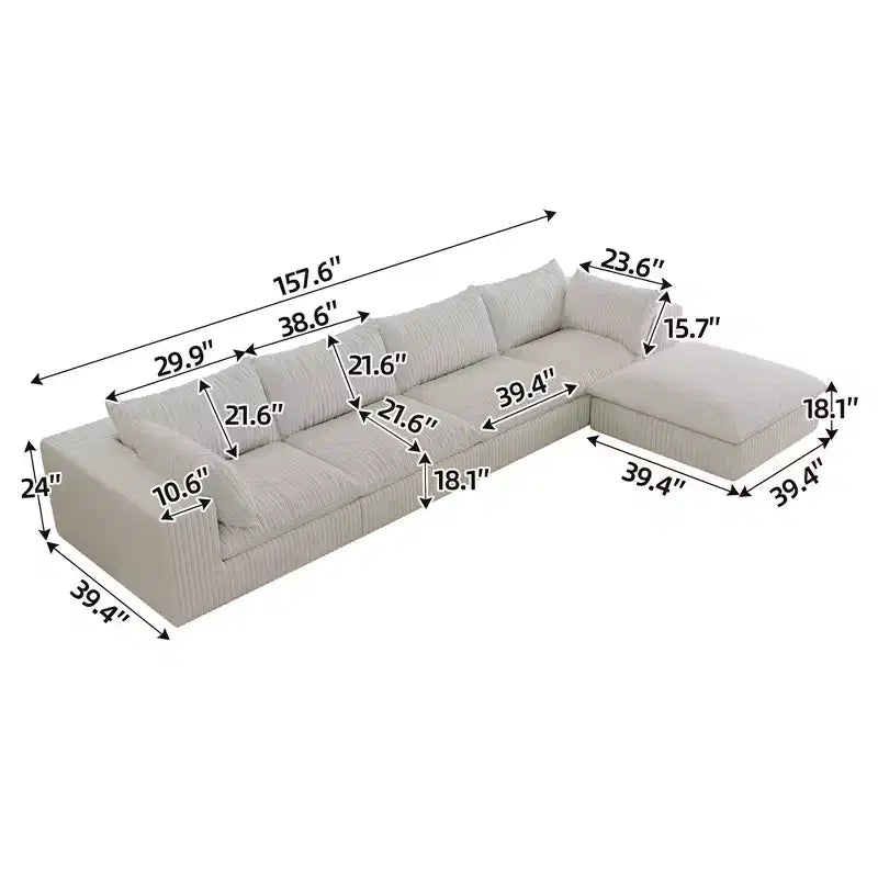 157.6 Divano Blue Cloud in Tessuto a Coste con Sedute Profonde e 1 Pouf, Design a Doppio Strato con Cuscino Rimovibile Combinazione Fai da Te Senza Montaggio