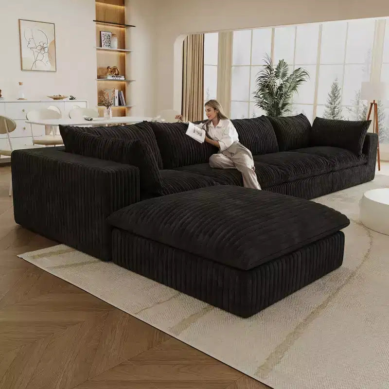 157.6 Divano Blue Cloud in Tessuto a Coste con Sedute Profonde e 1 Pouf, Design a Doppio Strato con Cuscino Rimovibile Combinazione Fai da Te Senza Montaggio