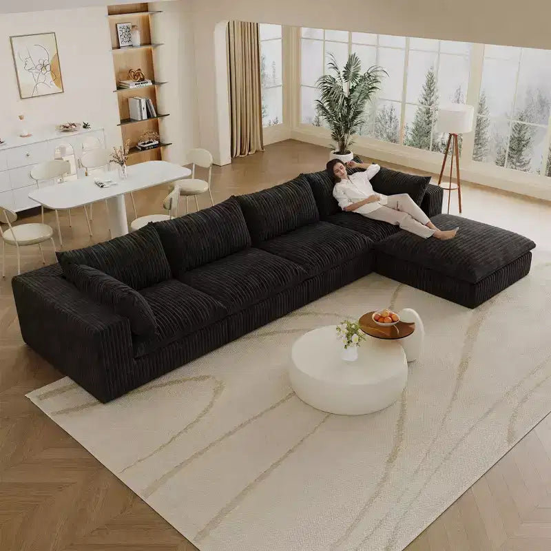 157.6 Divano Blue Cloud in Tessuto a Coste con Sedute Profonde e 1 Pouf, Design a Doppio Strato con Cuscino Rimovibile Combinazione Fai da Te Senza Montaggio