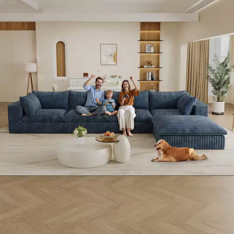157.6 Divano Blue Cloud in Tessuto a Coste con Sedute Profonde e 1 Pouf, Design a Doppio Strato con Cuscino Rimovibile Combinazione Fai da Te Senza Montaggio