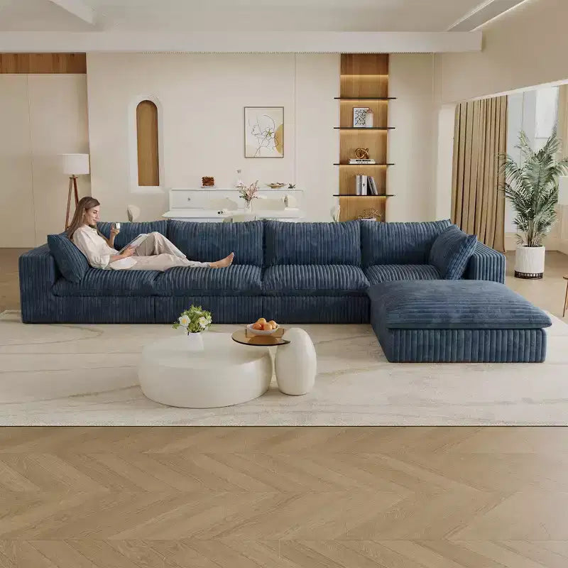 Divano cloud blu da 157.6 in tessuto a coste, con seduta profonda, 1 pouf, design a doppio strato, cuscino rimovibile, senza montaggio, componibile fai da te