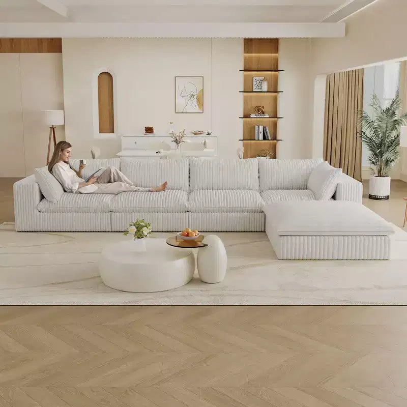 Divano cloud blu da 157.6 in tessuto a coste, con seduta profonda, 1 pouf, design a doppio strato, cuscino rimovibile, senza montaggio, componibile fai da te