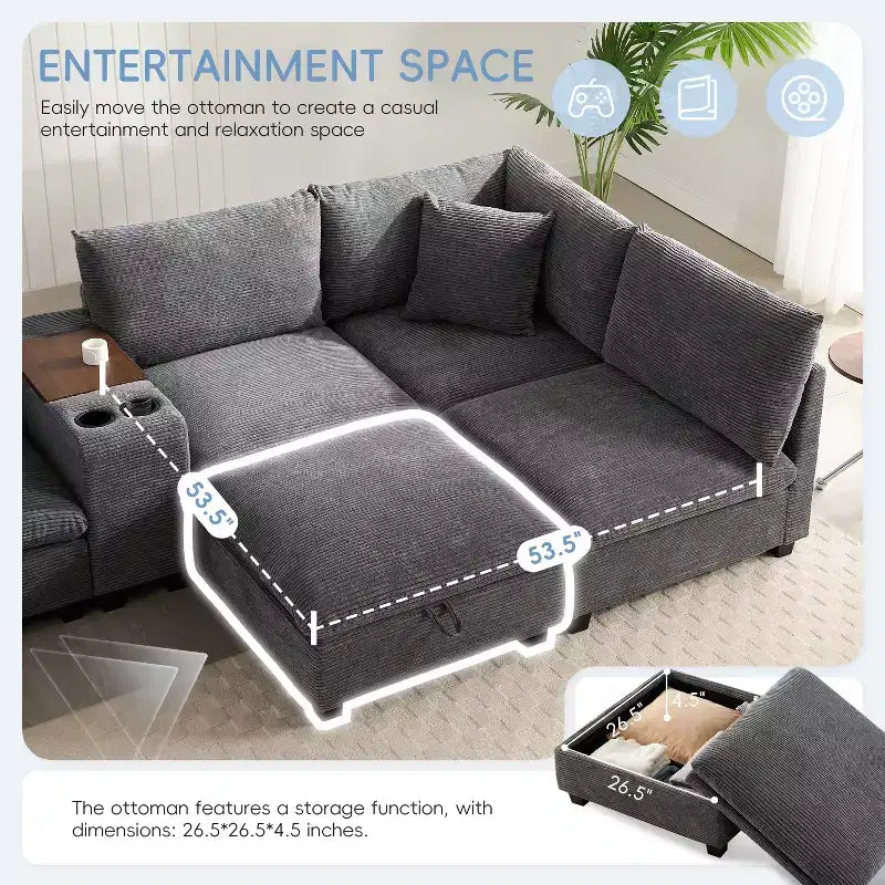 Divano sezionale modulare a U extra large da 140" con poggiapiedi, consolle, caricatore USB, portabicchieri, contenitore e rivestimento in velluto a coste, 6 posti per soggiorno
