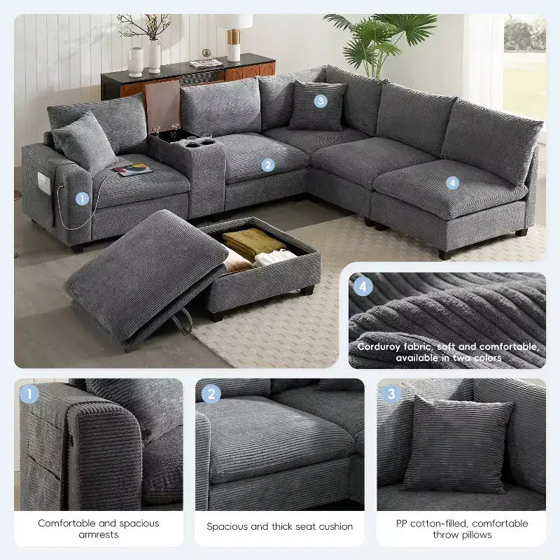 Divano sezionale modulare a U extra large da 140" con poggiapiedi, consolle, caricatore USB, portabicchieri, contenitore e rivestimento in velluto a coste, 6 posti per soggiorno