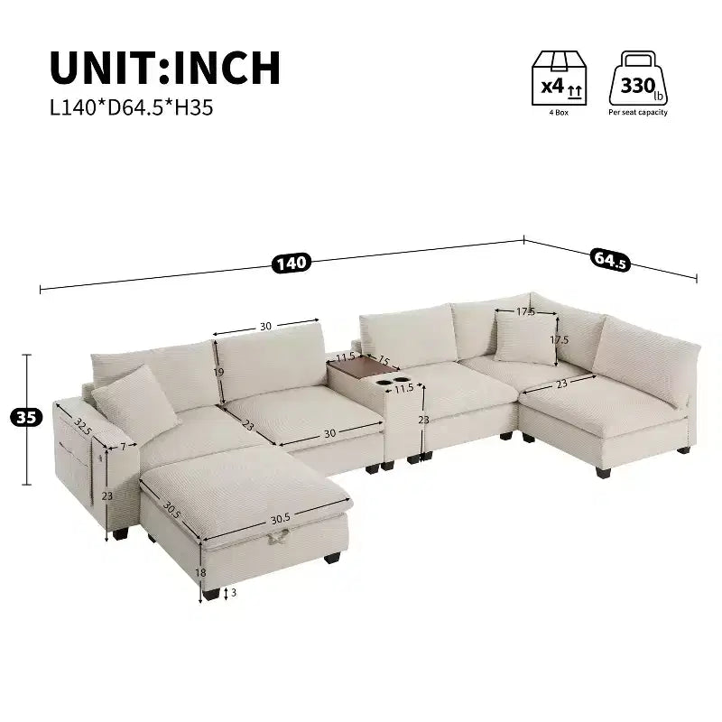 Divano sezionale modulare a U extra large da 140" con poggiapiedi, consolle, caricatore USB, portabicchieri, contenitore e rivestimento in velluto a coste, 6 posti per soggiorno