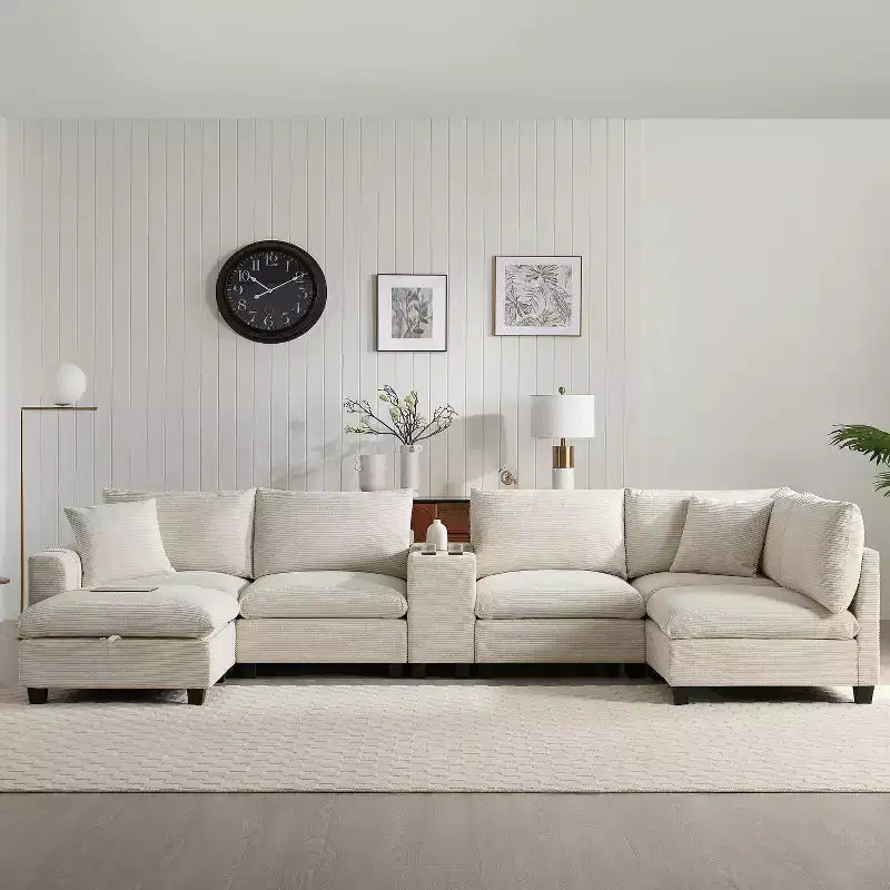 Divano sezionale modulare a U extra large da 140" con poggiapiedi, consolle, caricatore USB, portabicchieri, contenitore e rivestimento in velluto a coste, 6 posti per soggiorno