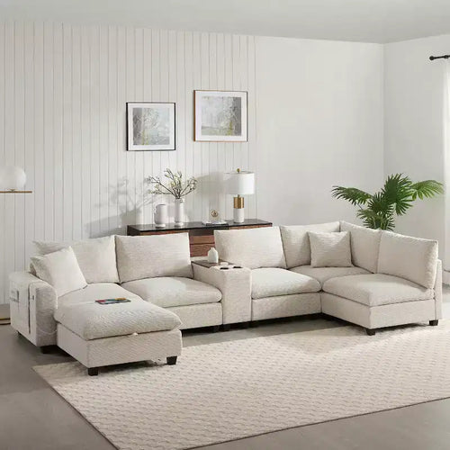 140'' Oversized U-Shaped Modular Sectional Sofa with Ottoman Console USB Charger Cup Holder Storage Corduroy Upholstery 6 Seats for Living Room