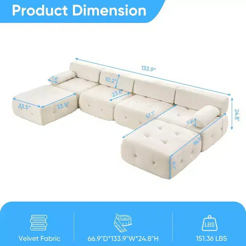 Divano sezionale modulare a forma di U in velluto Mjkone con pouf a combinazione libera, divano convertibile a 4 posti con finiture a rivetti
