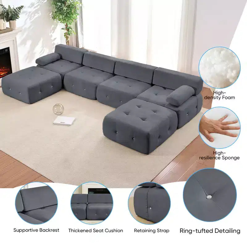 Divano sezionale modulare a forma di U in velluto Mjkone con pouf a combinazione libera, divano convertibile a 4 posti con finiture a rivetti