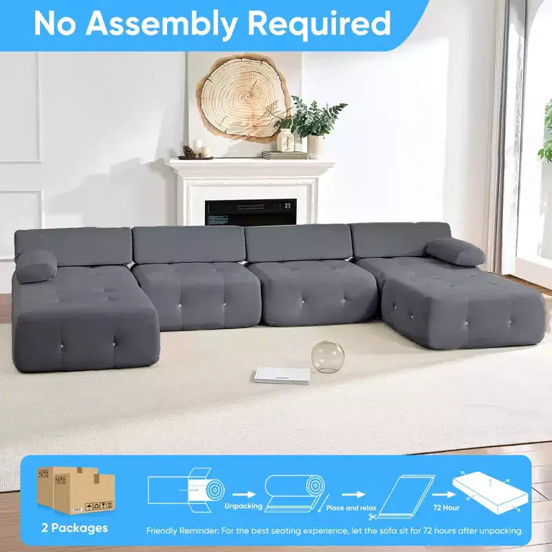 Divano sezionale modulare a forma di U in velluto Mjkone con pouf a combinazione libera, divano convertibile a 4 posti con finiture a rivetti