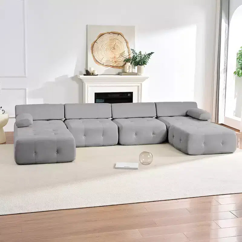 Divano sezionale modulare a forma di U in velluto Mjkone con pouf a combinazione libera, divano convertibile a 4 posti con finiture a rivetti
