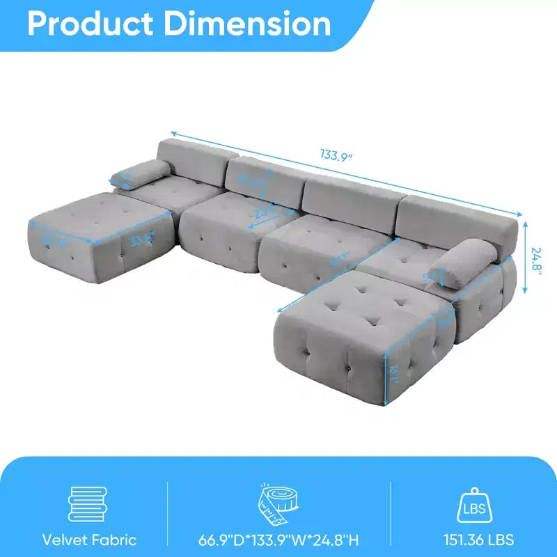 Divano sezionale modulare a forma di U in velluto Mjkone con pouf a combinazione libera, divano convertibile a 4 posti con finiture a rivetti