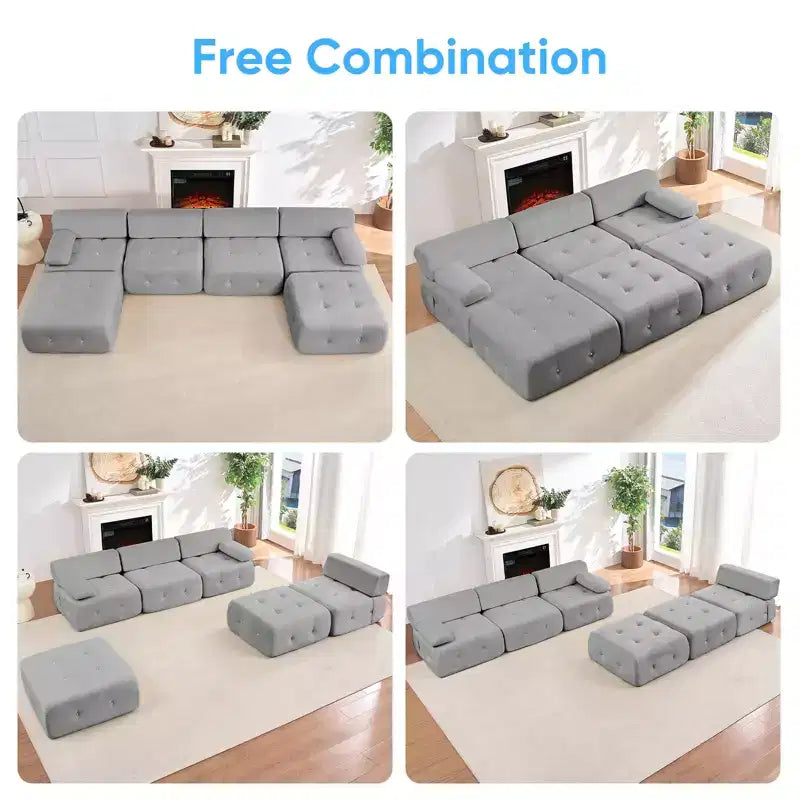 Divano sezionale modulare a forma di U in velluto Mjkone con pouf a combinazione libera, divano convertibile a 4 posti con finiture a rivetti