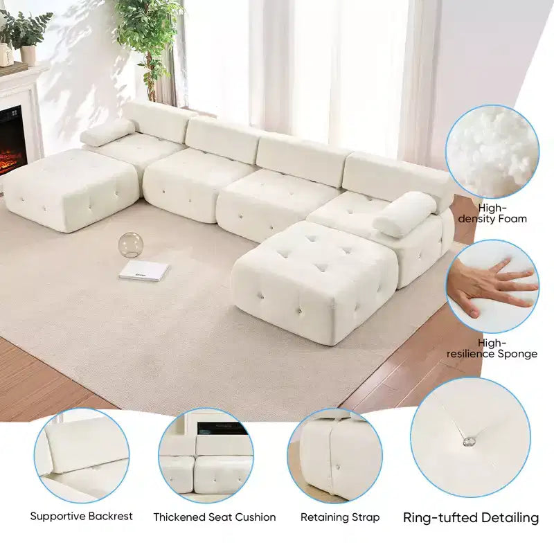 Divano sezionale modulare a forma di U in velluto Mjkone con pouf a combinazione libera, divano convertibile a 4 posti con finiture a rivetti