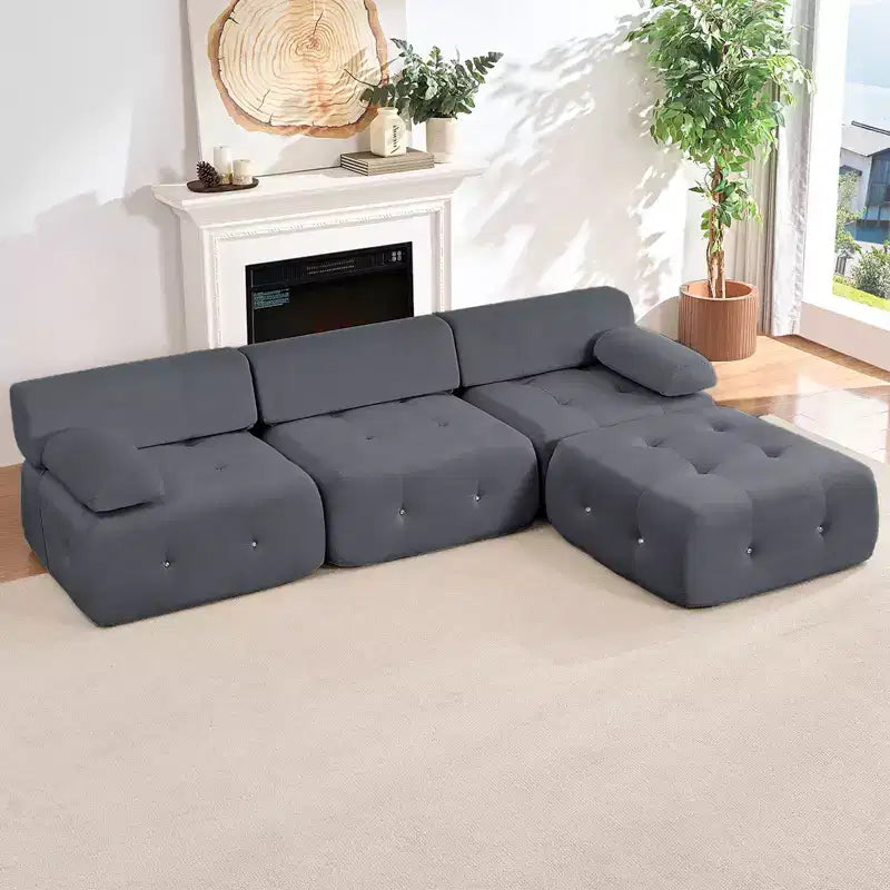 Mjkone Divano componibile a 3 posti a forma di L in velluto con pouf, divani trasformabili con bordo borchiato