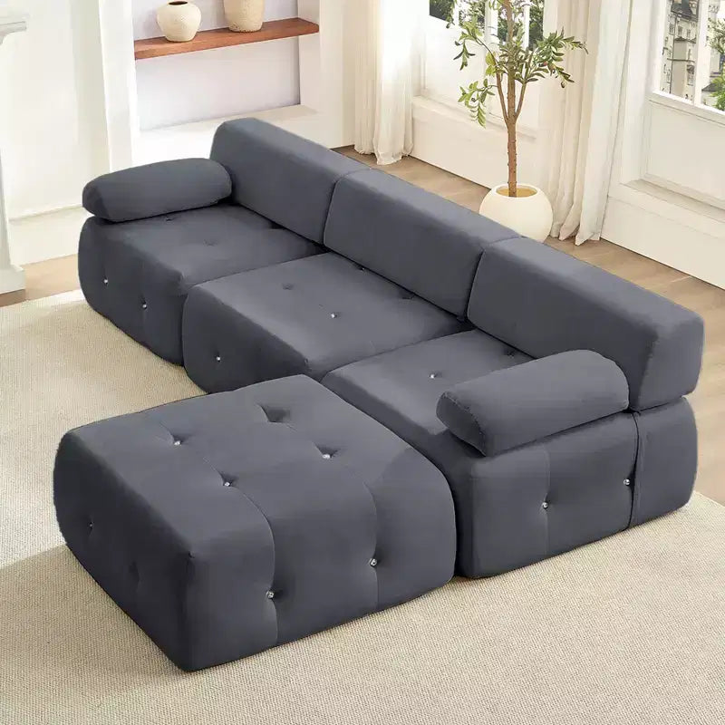 Mjkone Divano componibile a 3 posti a forma di L in velluto con pouf, divani trasformabili con bordo borchiato