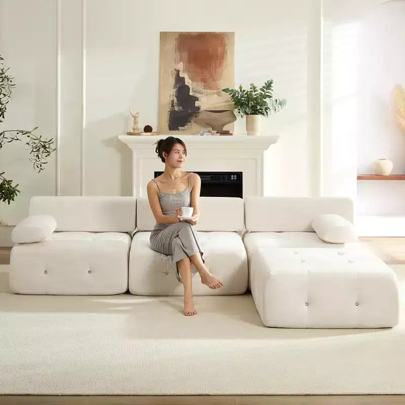 Mjkone Divano componibile a 3 posti a forma di L in velluto con pouf, divani trasformabili con bordo borchiato