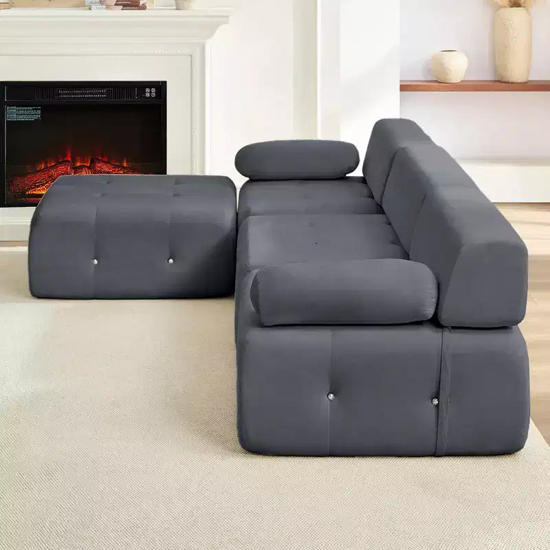Mjkone Divano componibile a 3 posti a forma di L in velluto con pouf, divani trasformabili con bordo borchiato