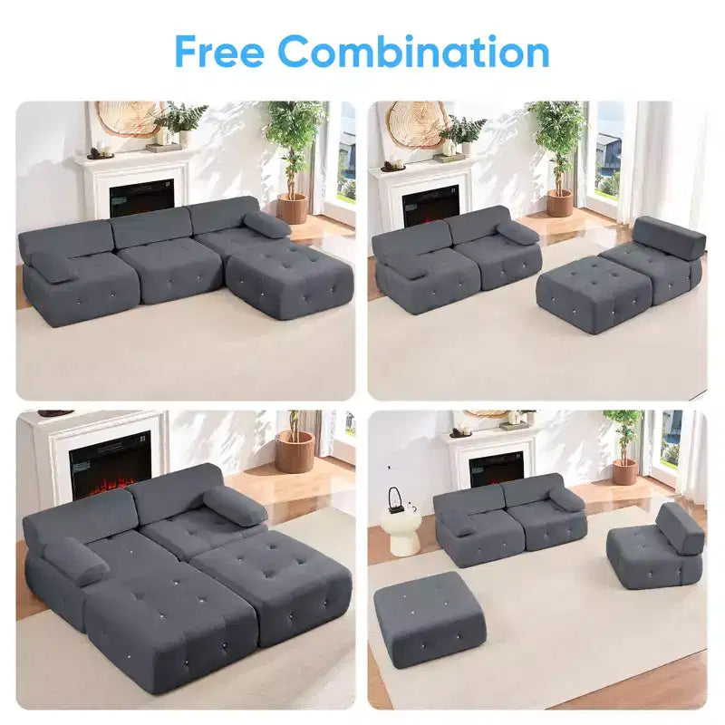 Mjkone Divano componibile a 3 posti a forma di L in velluto con pouf, divani trasformabili con bordo borchiato