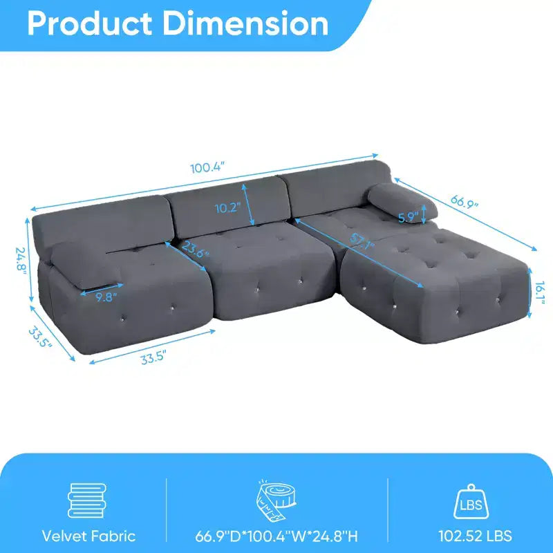 Mjkone Divano componibile a 3 posti a forma di L in velluto con pouf, divani trasformabili con bordo borchiato