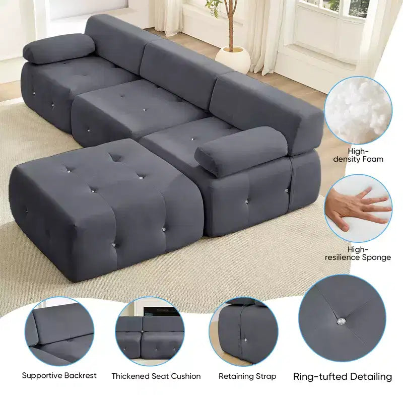 Mjkone Divano componibile a 3 posti a forma di L in velluto con pouf, divani trasformabili con bordo borchiato