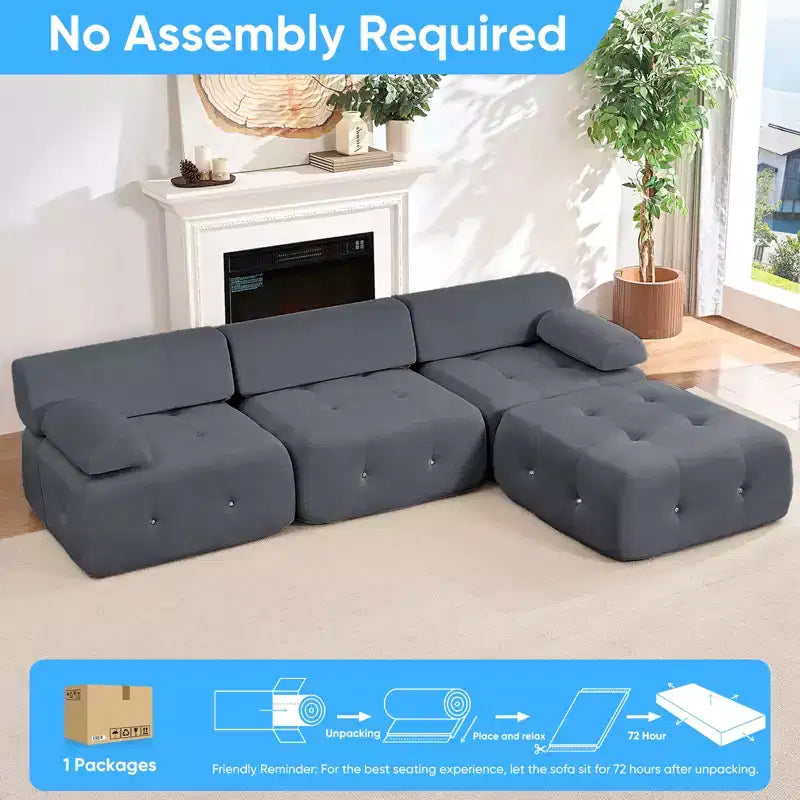 Mjkone Divano componibile a 3 posti a forma di L in velluto con pouf, divani trasformabili con bordo borchiato