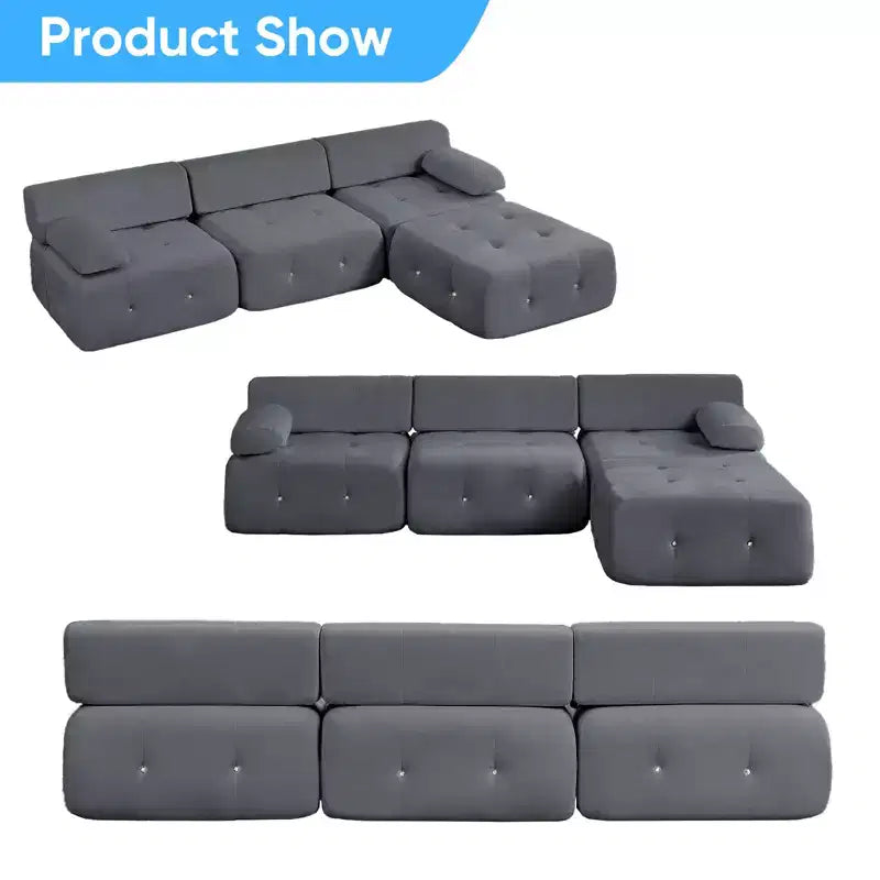 Mjkone Divano componibile a 3 posti a forma di L in velluto con pouf, divani trasformabili con bordo borchiato