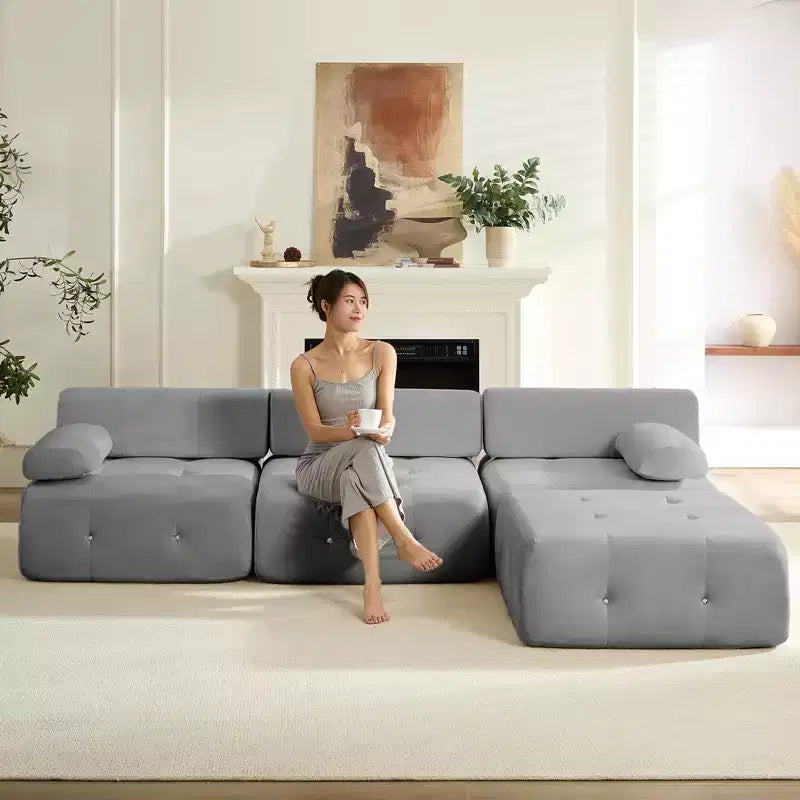 Mjkone Divano componibile a 3 posti a forma di L in velluto con pouf, divani trasformabili con bordo borchiato