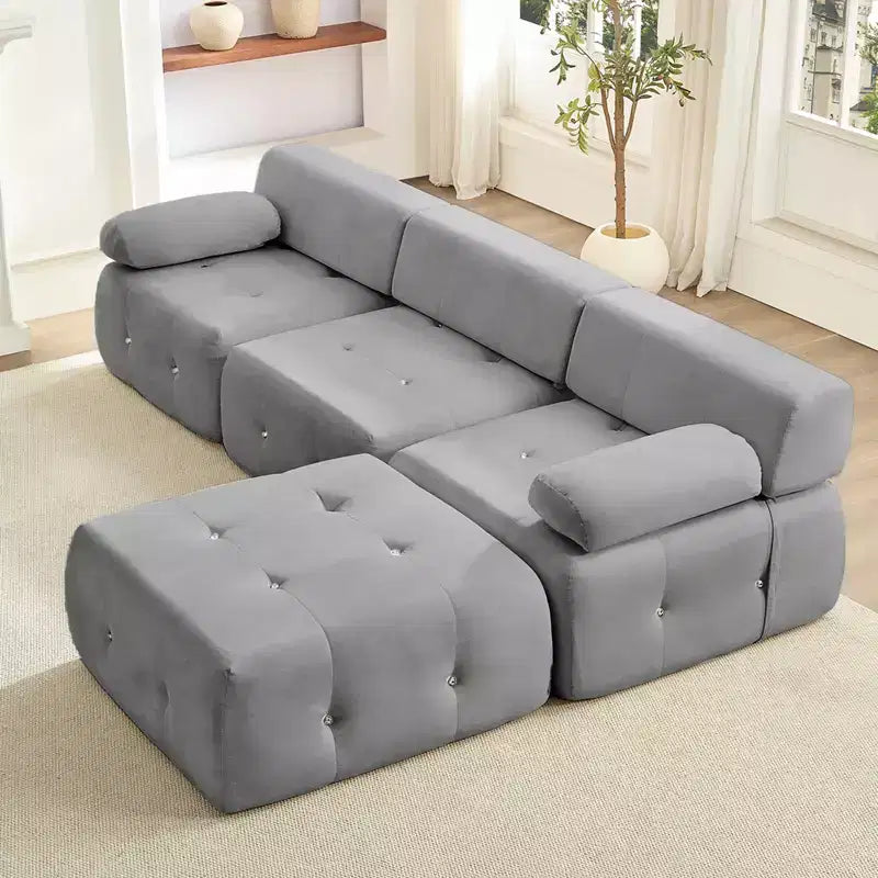 Mjkone Divano componibile a 3 posti a forma di L in velluto con pouf, divani trasformabili con bordo borchiato