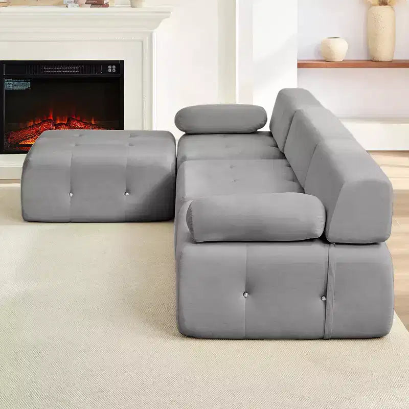 Mjkone Divano componibile a 3 posti a forma di L in velluto con pouf, divani trasformabili con bordo borchiato