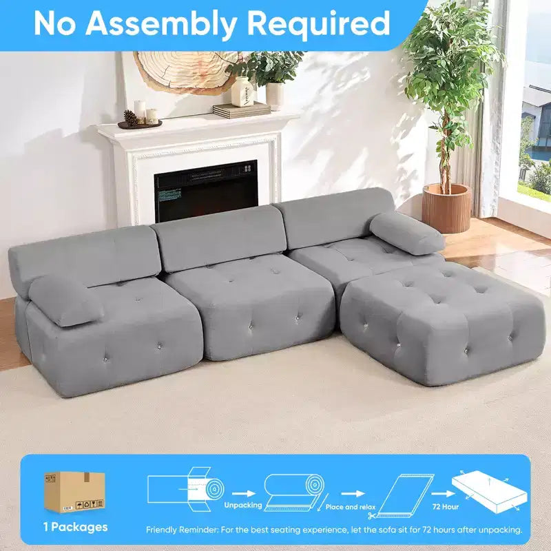 Mjkone Divano componibile a 3 posti a forma di L in velluto con pouf, divani trasformabili con bordo borchiato