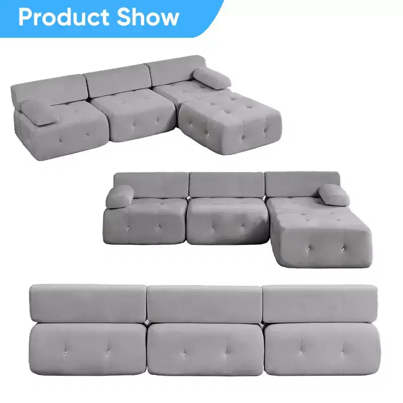 Mjkone Divano componibile a 3 posti a forma di L in velluto con pouf, divani trasformabili con bordo borchiato