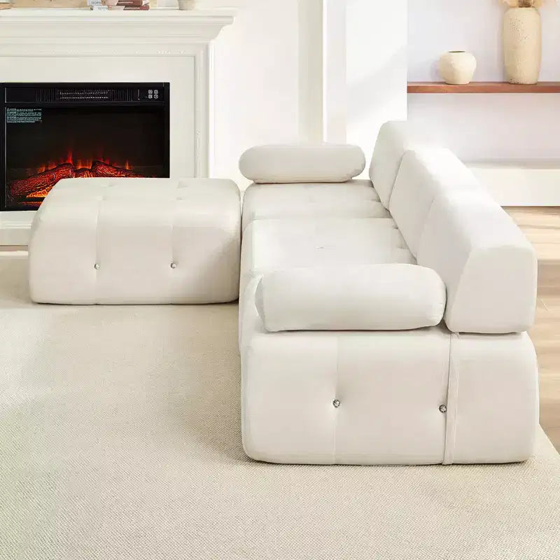 Mjkone Divano componibile a 3 posti a forma di L in velluto con pouf, divani trasformabili con bordo borchiato