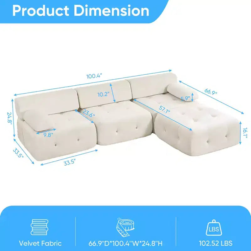 Mjkone Divano componibile a 3 posti a forma di L in velluto con pouf, divani trasformabili con bordo borchiato